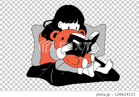 ぬいぐるみが絵本を読む子ども｜おやすみ前のかわいいフラットイラスト 126624515