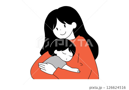 おやすみ前の親子のハグ｜眠る子どもと優しく包む母親のフラットイラスト 126624516