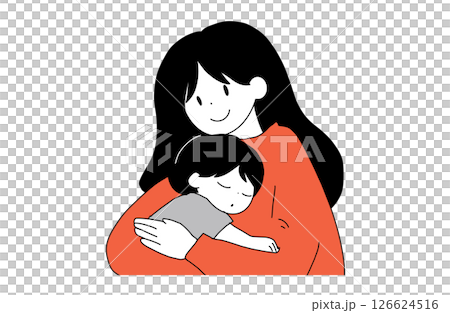 おやすみ前の親子のハグ｜眠る子どもと優しく包む母親のフラットイラスト 126624516