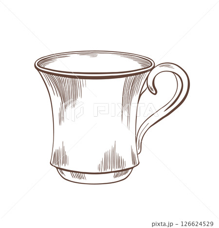 Coffee cup in elegant black and white vector style. Classic ceramic porcelain with slender handle. Perfect for cafe logos, menu design, and food-related branding projects Coffee cup in elegant black and white vector style. Classic ceramic porcelain with slender handle. Perfect for cafe logos, menu design, and food-related branding projects 126624529