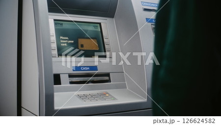 ATM User Entering PIN Code on ATM Keypad. Error Message on Cash Machine Due to Failed Authorization 126624582