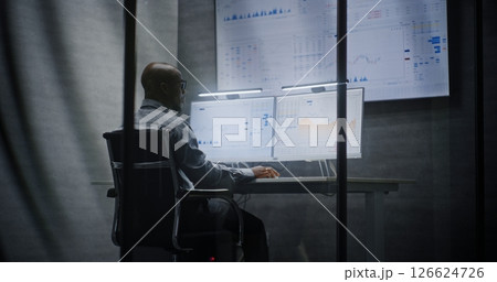 Financial Analyst Working on Computer with Multi-Monitor Workstation, Analyzing Real-Time Stocks Financial Analyst Working on Computer with Multi-Monitor Workstation, Analyzing Real-Time Stocks 126624726
