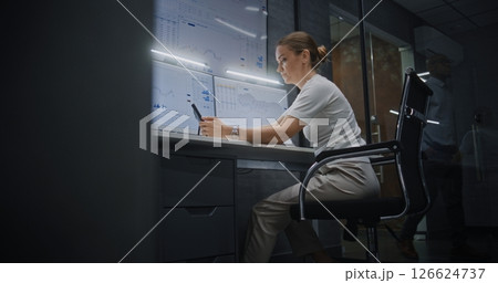 Female Investment Agent Stressed About Bad Economy News, Monitoring Real-Time Stocks 126624737