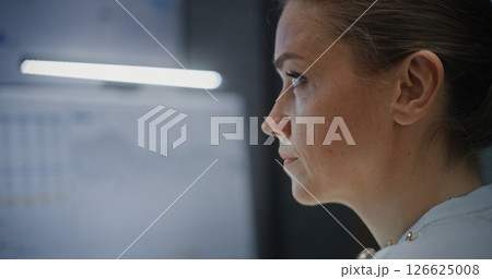 Close Up of Female Stock Exchange Broker Monitoring Real-Time Stocks, Exchange Market Charts 126625008