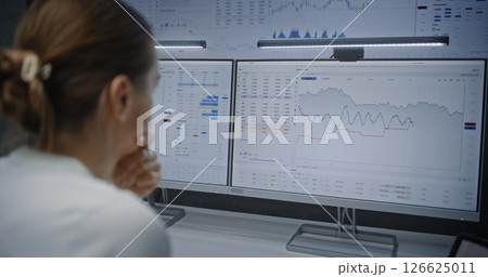 Female Financial Analyst Monitoring Real-Time Stocks and Exchange Market Charts on Computer Female Financial Analyst Monitoring Real-Time Stocks and Exchange Market Charts on Computer 126625011