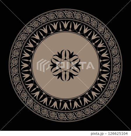 Circle european border frame with arabesque, floral elements. Classic Greek gold round ornamental plate. Byzantine. Decoration of European palace, for round surface, textile, embroidery, porcelain Circle european border frame with arabesque, floral elements. Classic Greek gold round ornamental plate. Byzantine. Decoration of European palace, for round surface, textile, embroidery, porcelain 126625104