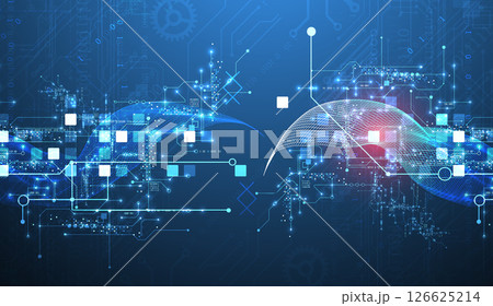 Abstract data background with wireframe wave and circuit lines. Technology concept. Vector 126625214