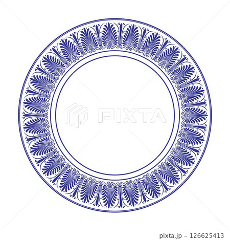 Traditional classic greek round frame arabesque. Blue white plate with floral design. Vintage greek vector frame with arabesques. Pattern frame for round surfaces, textiles, embroidery, porcelain. EPS 126625413