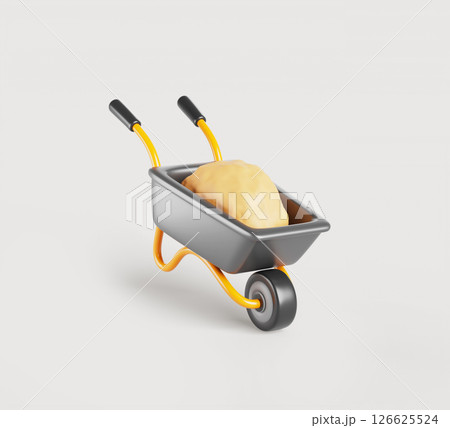 3d construction wheelbarrow with yellow sand pile. Garden building cart with load body, wheel and handles. Metal hand truck for transportation of goods. Isolated cartoon render icon. 3D illustration 3d construction wheelbarrow with yellow sand pile. Garden building cart with load body, wheel and handles. Metal hand truck for transportation of goods. Isolated cartoon render icon. 3D illustration 126625524