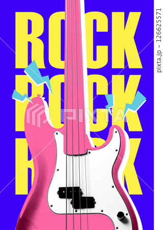 Poster. Conceptual collage. Pink bass guitar with bold ROCK text and vibrant graphic against yellow and blue Memphis background. Loud rhythm and rock sound energy Poster. Conceptual collage. Pink bass guitar with bold ROCK text and vibrant graphic against yellow and blue Memphis background. Loud rhythm and rock sound energy 126625571
