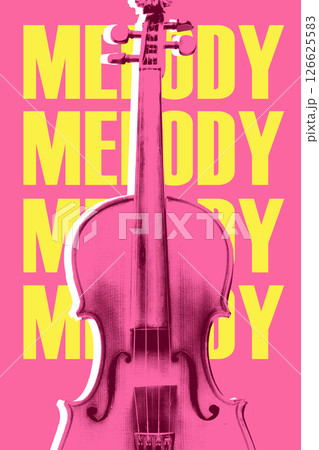 Poster. Conceptual collage. Pink violin against vivid pink background with bold yellow text MELODY repeating in Memphis style. Emotional musical expression Poster. Conceptual collage. Pink violin against vivid pink background with bold yellow text MELODY repeating in Memphis style. Emotional musical expression 126625583