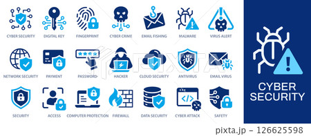 Cyber security icons, such as shield, access, password, hacker, network and more. Vector illustration. Easily changes to any color. 126625598