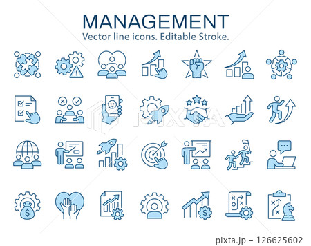 Management icons, such as planning, strategy, success, business and more. Vector illustration isolated on white. Editable stroke. Change to any size and any color. 126625602