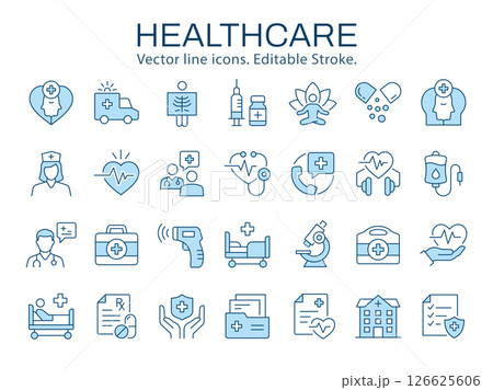 Healthcare icons, such as medicine,, care, doctor, treatment and more. Vector illustration isolated on white. Editable stroke. Change to any size and any color. Healthcare icons, such as medicine,, care, doctor, treatment and more. Vector illustration isolated on white. Editable stroke. Change to any size and any color. 126625606
