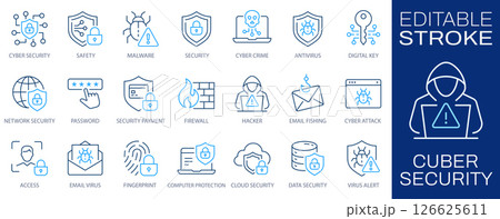 Cyber security icons, such as shield, access, password, network and more. Editable stroke. Change to any size and any color. 126625611