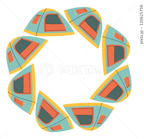 Camping tent circle frame. Simple blue yellow red tent border. Camping shelter in nature on summer holiday. Outdoor adventure flat vector illustration isolated on white background Camping tent circle frame. Simple blue yellow red tent border. Camping shelter in nature on summer holiday. Outdoor adventure flat vector illustration isolated on white background 126625756