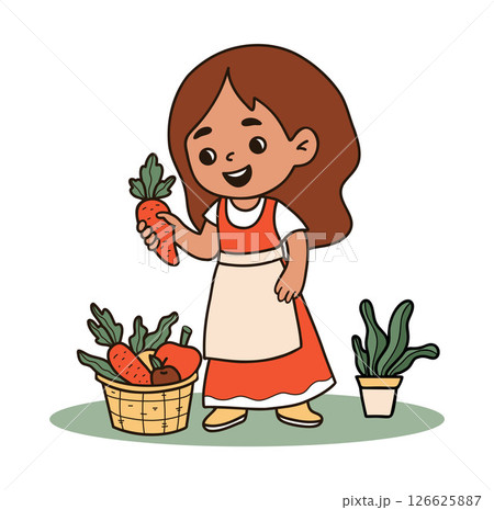 Cute girl farmer brunette with basket with vegetable harvest. Gardener Kid character. Colored hand drawing. Vector illustration 126625887