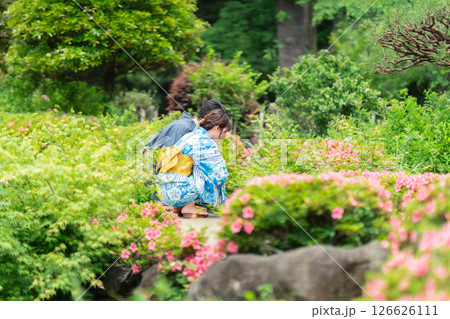 浴衣で日本庭園を散歩する浴衣カップル 浴衣で日本庭園を散歩する浴衣カップル 126626111