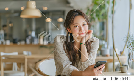 カフェでスマホを使う若い女性 126626440