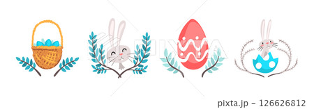 Funny Bunny Character with Egg in Garden Vector Set Funny Bunny Character with Egg in Garden Vector Set 126626812