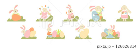 Funny Bunny Character with Egg in Garden Vector Set 126626814