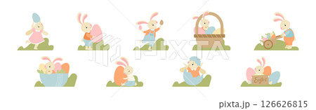 Funny Bunny Character with Egg in Garden Vector Set 126626815