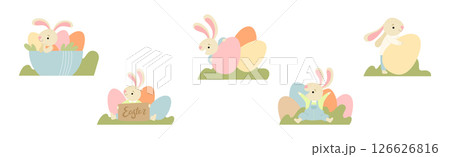 Funny Bunny Character with Egg in Garden Vector Set Funny Bunny Character with Egg in Garden Vector Set 126626816