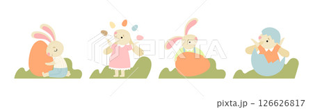 Funny Bunny Character with Egg in Garden Vector Set Funny Bunny Character with Egg in Garden Vector Set 126626817