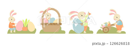 Funny Bunny Character with Egg in Garden Vector Set Funny Bunny Character with Egg in Garden Vector Set 126626818