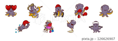 Funny Octopus Character Engaged in Different Activity Vector Set Funny Octopus Character Engaged in Different Activity Vector Set 126626907