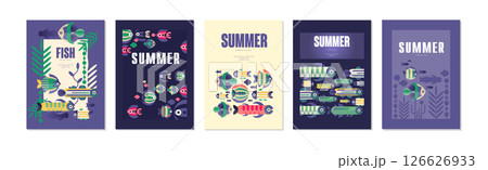 Summer Ocean and Underwater Banner with Fish Swimming in Sea Vector Set Summer Ocean and Underwater Banner with Fish Swimming in Sea Vector Set 126626933