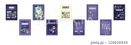 Summer Ocean and Underwater Banner with Fish Swimming in Sea Vector Set 126626934