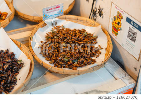 Fried Insects,Fried silkworms and other insect varieties are attractively arranged in woven baskets or various containers 126627070