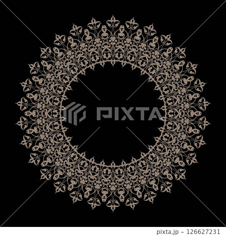 Modern Decorative round gold frame with arabesques, floral elements. Gold Elegant Circle frame. Template for printing postcards, invitations, books, for textiles, engraving, wooden furniture, forging 126627231