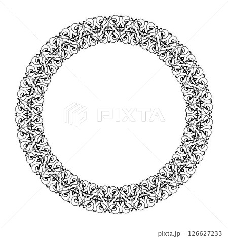 Beautiful round frame arabesque. Black white plate with floral design. Vintage, ethnic vector frame with arabesques. Pattern frame for round surfaces, textiles, embroidery, sandblasting, ceramics, EPS 126627233