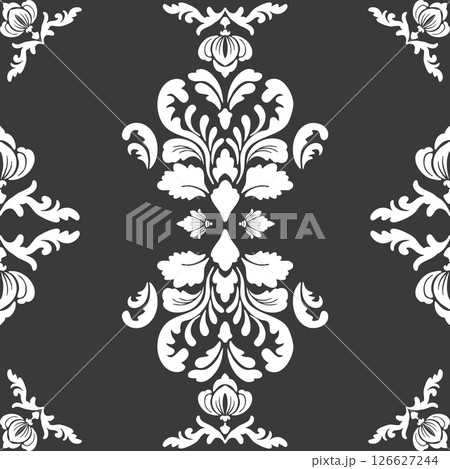 Seamless damask pattern wallpaper Baroque style. Elegant vector background. Black floral ornament. Graphic pattern for fabric,carpet,wallpaper,packaging. Ornate Damask flower ornament. Seamless damask pattern wallpaper Baroque style. Elegant vector background. Black floral ornament. Graphic pattern for fabric,carpet,wallpaper,packaging. Ornate Damask flower ornament. 126627244