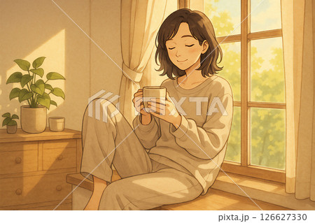 朝の光に包まれてくつろぐ女性のティータイム 126627330