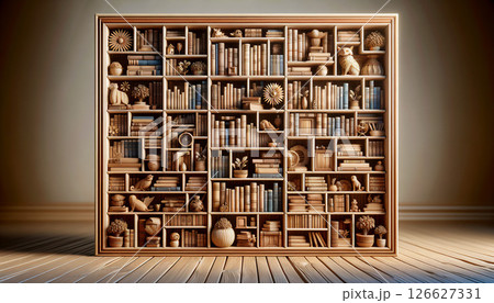 木の温もりあふれるアートな本棚ディスプレイ 126627331