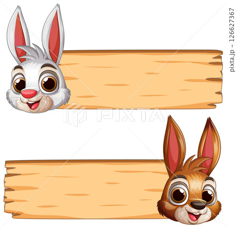 Cute Cartoon Rabbits with Wooden Signs 126627367