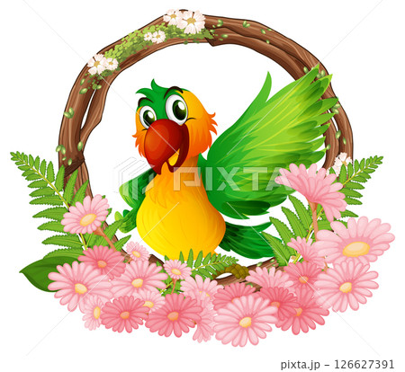 Cheerful Bird Surrounded by Floral Wreath 126627391