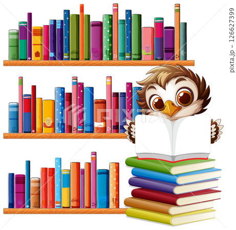 Owl Reading Among Colorful Bookshelves Owl Reading Among Colorful Bookshelves 126627399