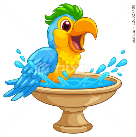 Colorful Parrot Enjoying a Bath in Birdbath 126627409