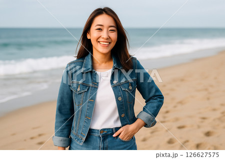 Smiling asian woman in denim jacket walking on sunny ocean beach. concept of joyful leisure, beach style, relaxation, sunny vibes, carefree day, positive mood. 126627575