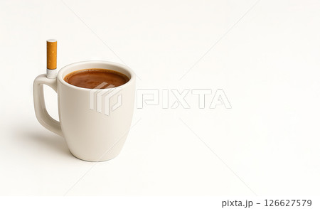 white coffee mug and inserted cigarette on clean white background with copy space. Concept of bad habits, caffeine and nicotine addiction, unhealthy lifestyle choices. 126627579
