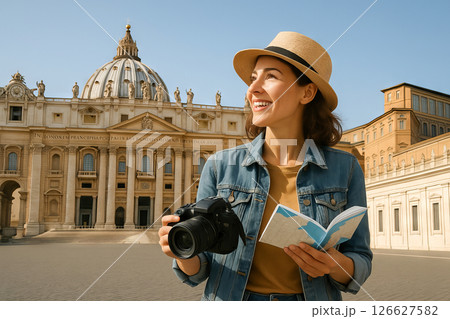 Happy caucasian woman exploring vatican city holding camera and map on a sunny day. concept of adventure, travel enthusiast, sightseeing, cultural tourism, exploring iconic landmarks. 126627582