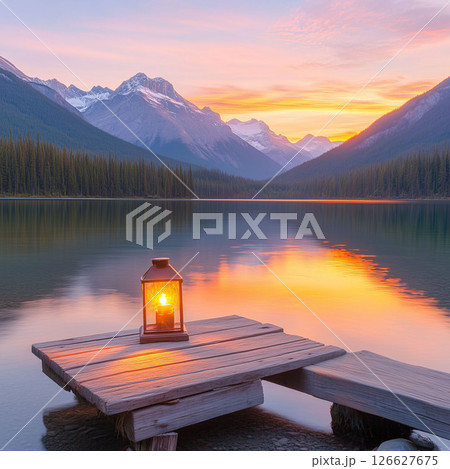 A serene sunrise scene at a lake with a glowing lantern on a wooden dock. The tranquil landscape and warm light make it ideal for travel, nature, or peaceful themes. A serene sunrise scene at a lake with a glowing lantern on a wooden dock. The tranquil landscape and warm light make it ideal for travel, nature, or peaceful themes. 126627675