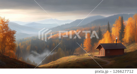 Cozy wooden cabin nestled in a fall mountain valley. Vibrant orange and yellow trees with misty backdrop create a tranquil scene. 126627712