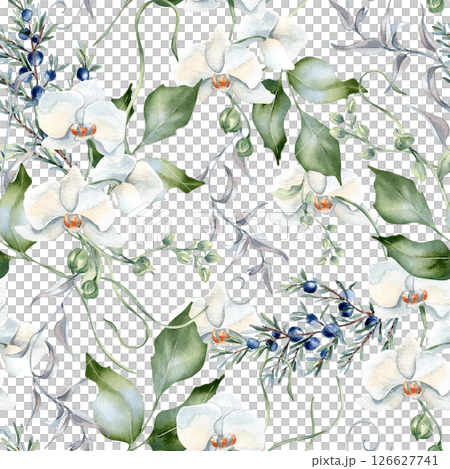 Seamless botanical pattern with white orchids, juniper branches, and soft green leaves hand drawn. Elegant watercolor flowers on repeat background for textiles, scrapbooking and botanical prints. 126627741
