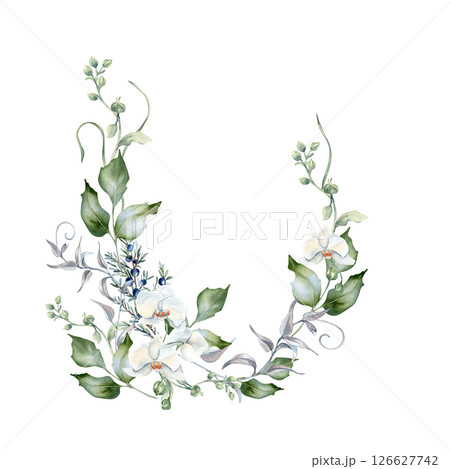 Winter greenery frame of white orchids, juniper, holly and soft foliage hand painted. Delicate watercolor floral edge isolated for seasonal invitations, Christmas packaging, and winter wedding design. Winter greenery frame of white orchids, juniper, holly and soft foliage hand painted. Delicate watercolor floral edge isolated for seasonal invitations, Christmas packaging, and winter wedding design. 126627742