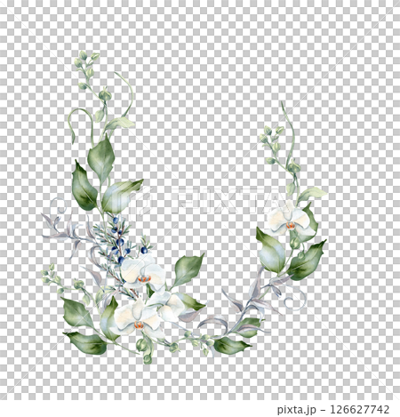 Winter greenery frame of white orchids, juniper, holly and soft foliage hand painted. Delicate watercolor floral edge isolated for seasonal invitations, Christmas packaging, and winter wedding design. 126627742